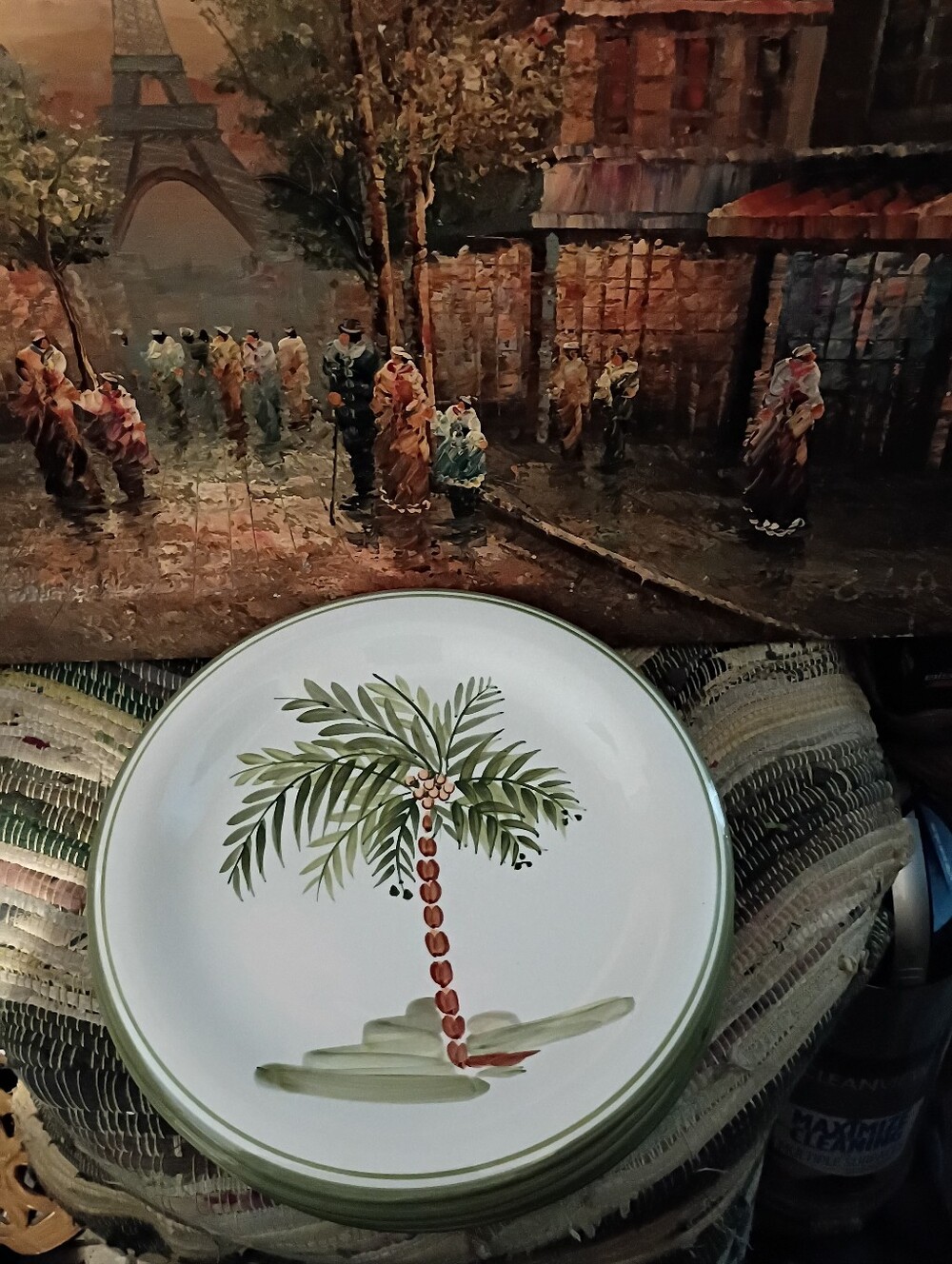La Mode DevorHand-Painted Palm Tree Ceramic 4 Plate Green 🍏 2 Have A Chip Under